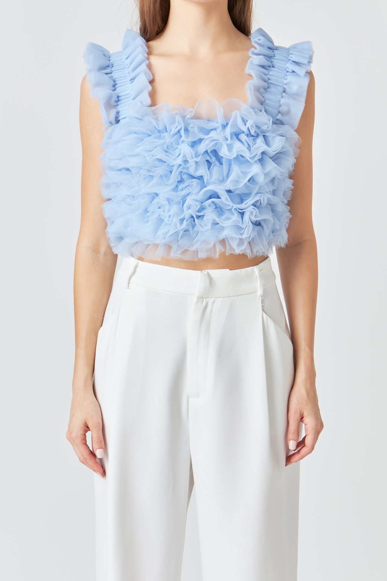 Ruffled Shoulder Strap Tulle Top