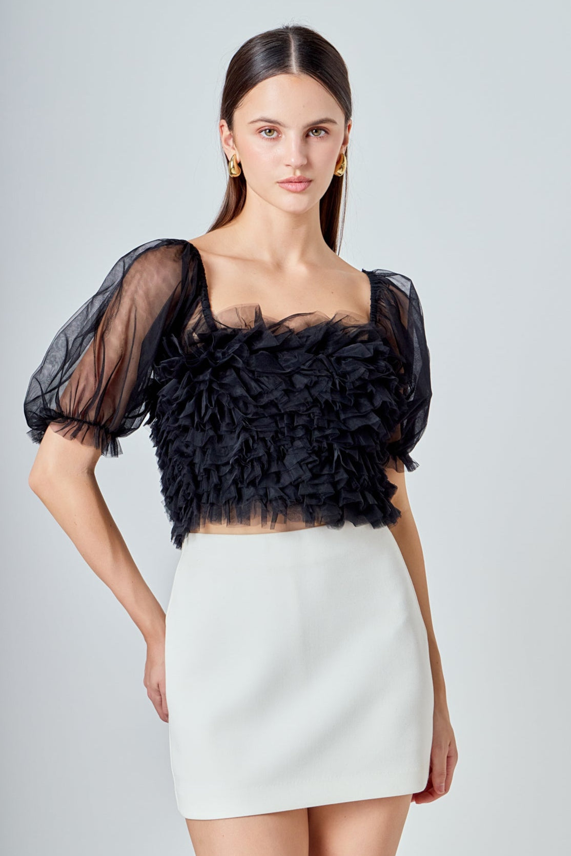 ENDLESS ROSE - Ruffled Puff Sleeve Tulle Top - TOPS available at Objectrare