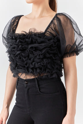ENDLESS ROSE - Ruffled Puff Sleeve Tulle Top - TOPS available at Objectrare