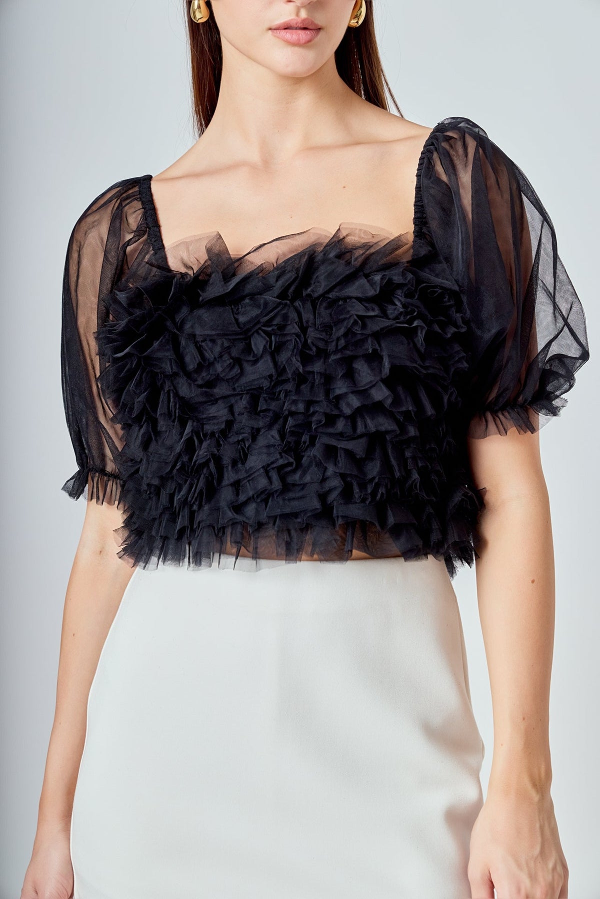 ENDLESS ROSE - Ruffled Puff Sleeve Tulle Top - TOPS available at Objectrare