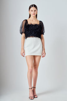 ENDLESS ROSE - Ruffled Puff Sleeve Tulle Top - TOPS available at Objectrare