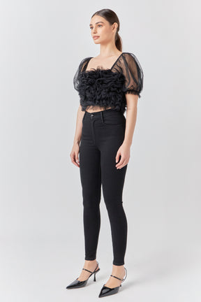 ENDLESS ROSE - Ruffled Puff Sleeve Tulle Top - TOPS available at Objectrare