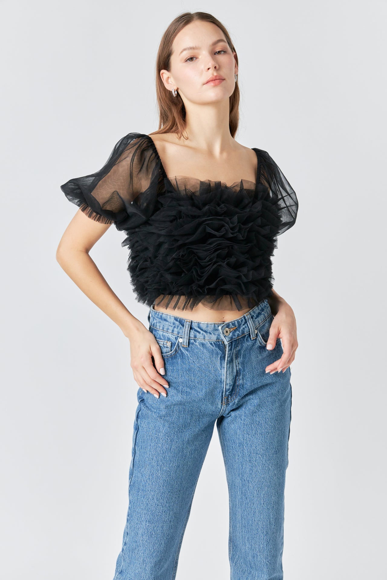 ENDLESS ROSE - Endless Rose - Ruffled Puff Sleeve Tulle Top - TOPS available at Objectrare