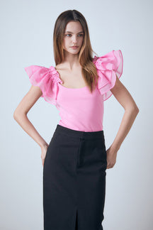 ENDLESS ROSE - Organza Ruffle with Knit Top - TOPS available at Objectrare