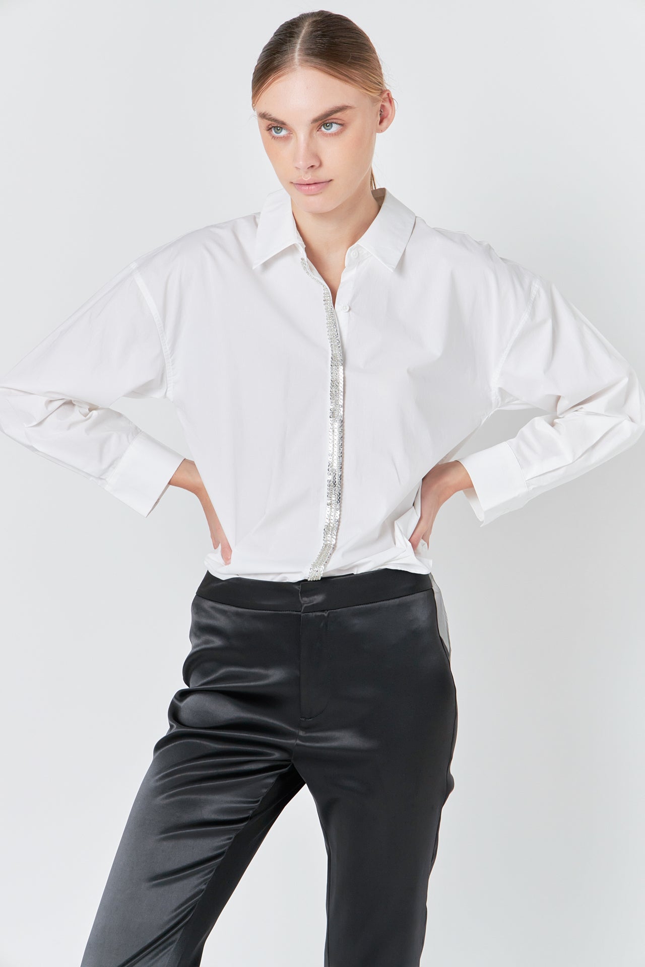 ENDLESS ROSE - Sequin Placket Button-Up Shirt - SHIRTS & BLOUSES available at Objectrare