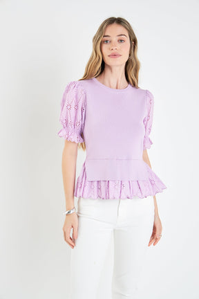 ENGLISH FACTORY - Eyelet Mixed Media Knit Top - TOPS available at Objectrare