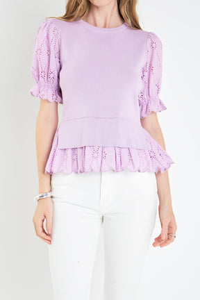 ENGLISH FACTORY - Eyelet Mixed Media Knit Top - TOPS available at Objectrare
