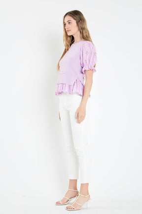 ENGLISH FACTORY - Eyelet Mixed Media Knit Top - TOPS available at Objectrare