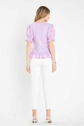 ENGLISH FACTORY - Eyelet Mixed Media Knit Top - TOPS available at Objectrare