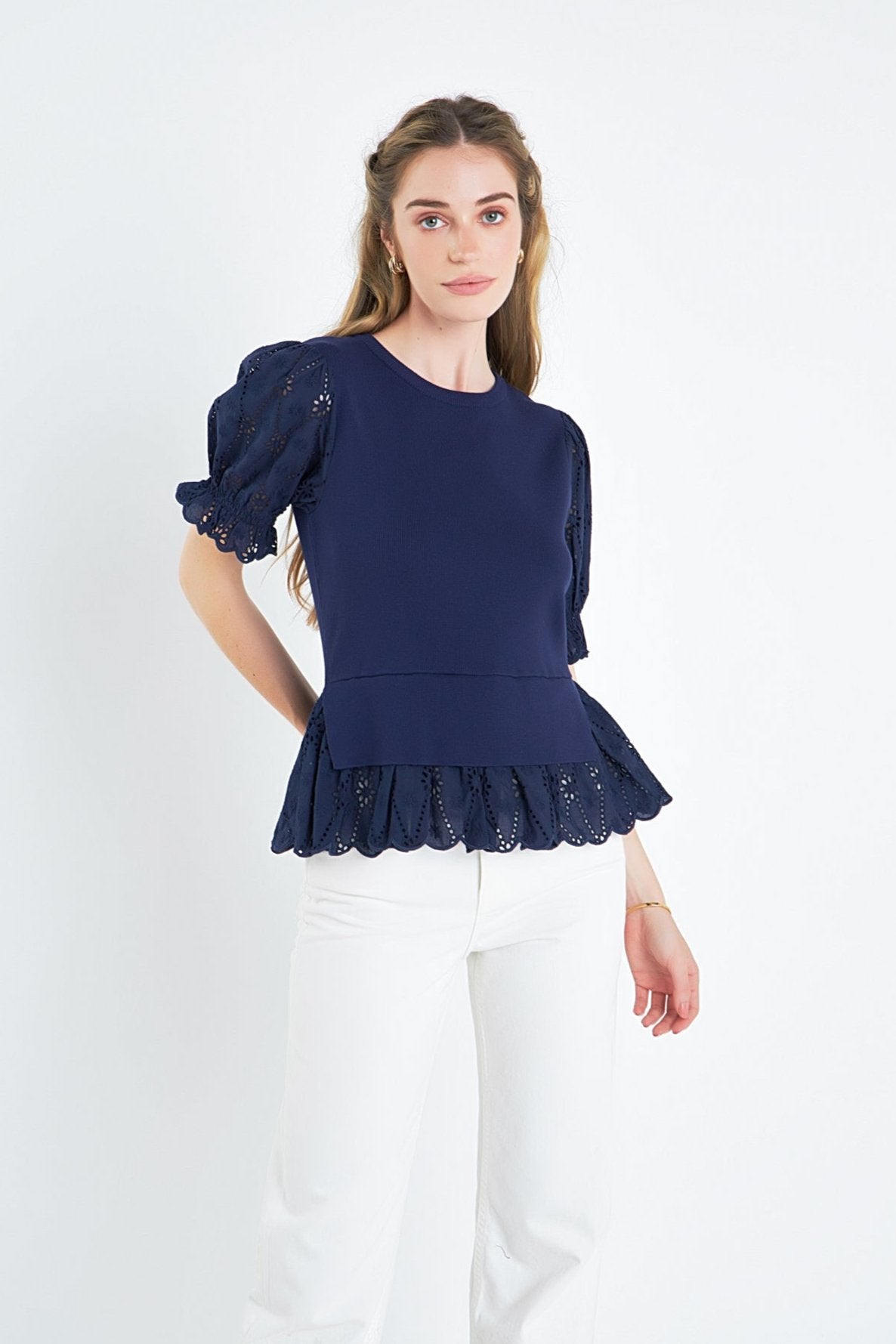 ENGLISH FACTORY - English Factory - Eyelet Mixed Media Knit Top - TOPS available at Objectrare