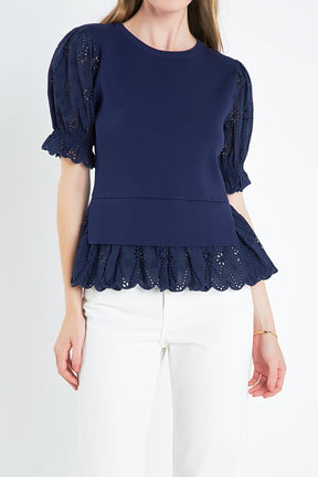 ENGLISH FACTORY - Eyelet Mixed Media Knit Top - TOPS available at Objectrare