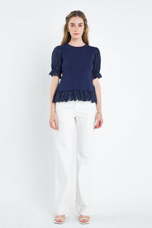 ENGLISH FACTORY - Eyelet Mixed Media Knit Top - TOPS available at Objectrare