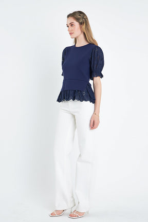 ENGLISH FACTORY - Eyelet Mixed Media Knit Top - TOPS available at Objectrare