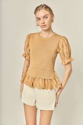 ENGLISH FACTORY - Eyelet Mixed Media Knit Top - TOPS available at Objectrare