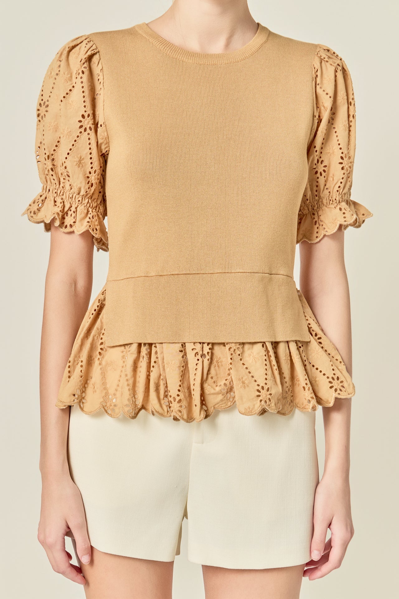 ENGLISH FACTORY - Eyelet Mixed Media Knit Top - TOPS available at Objectrare