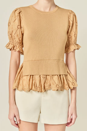 ENGLISH FACTORY - Eyelet Mixed Media Knit Top - TOPS available at Objectrare