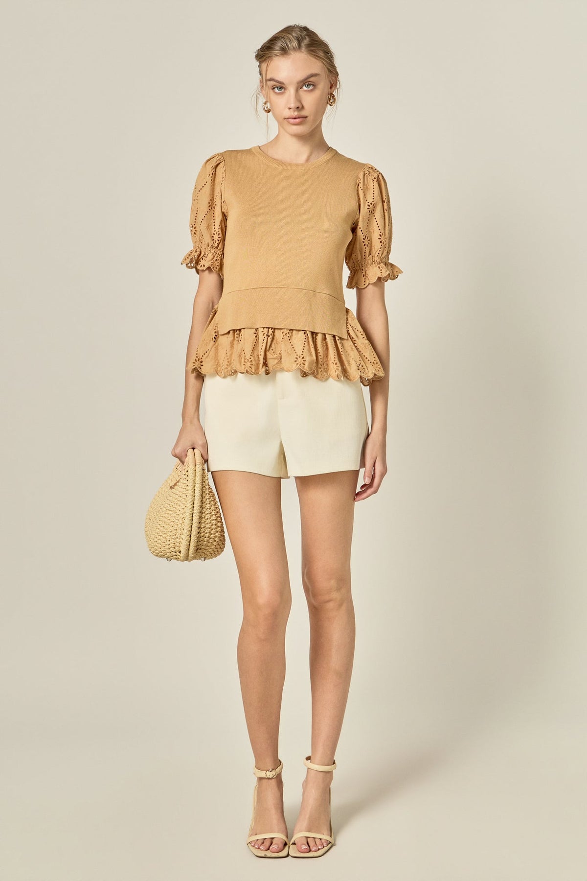 ENGLISH FACTORY - Eyelet Mixed Media Knit Top - TOPS available at Objectrare