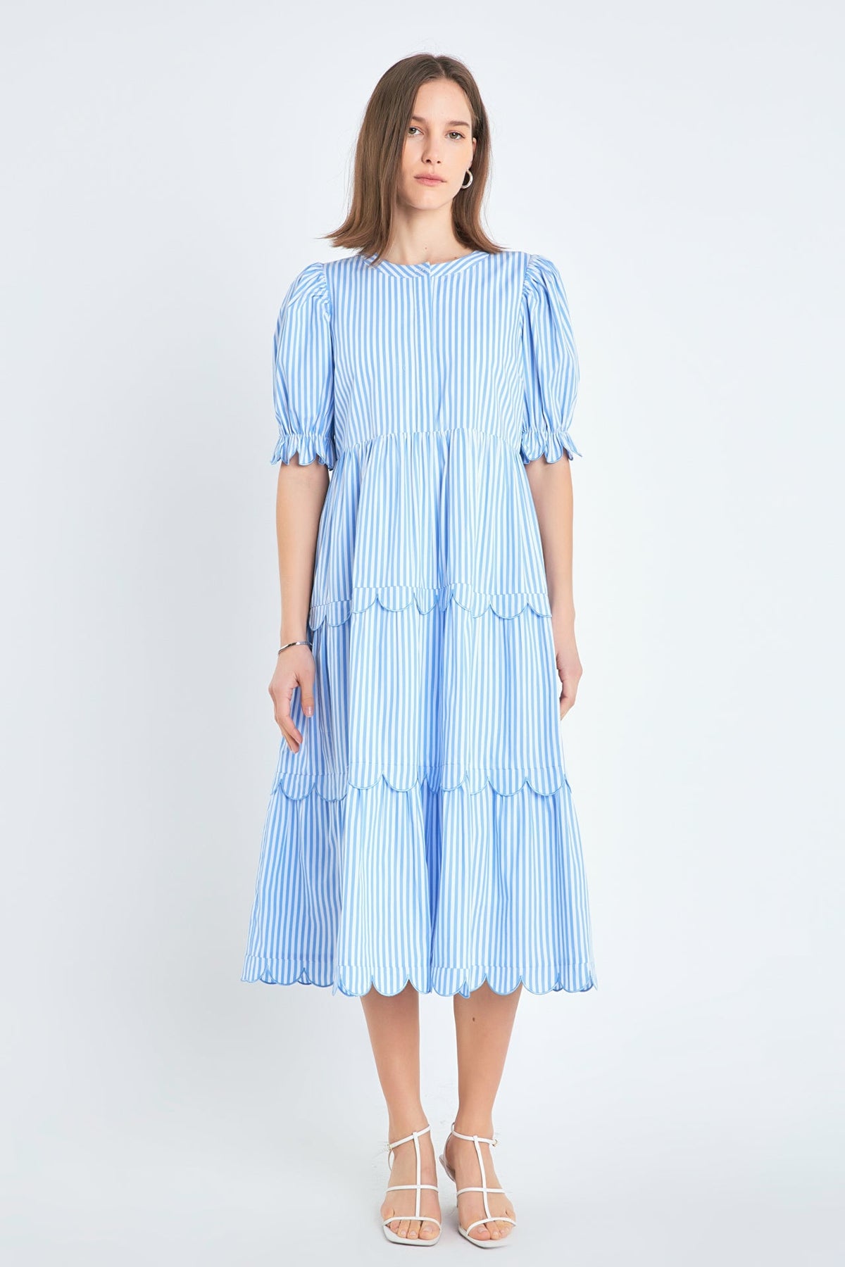 ENGLISH FACTORY - Stripe Scallop Edge Midi Dress - DRESSES available at Objectrare