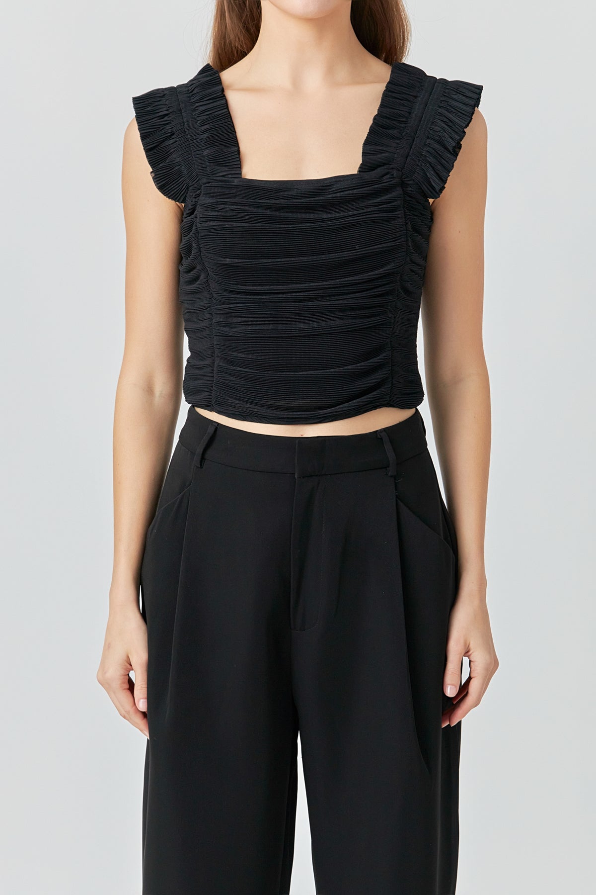 ENDLESS ROSE - Ruffled Pleated Mesh Tank Top - TOPS available at Objectrare
