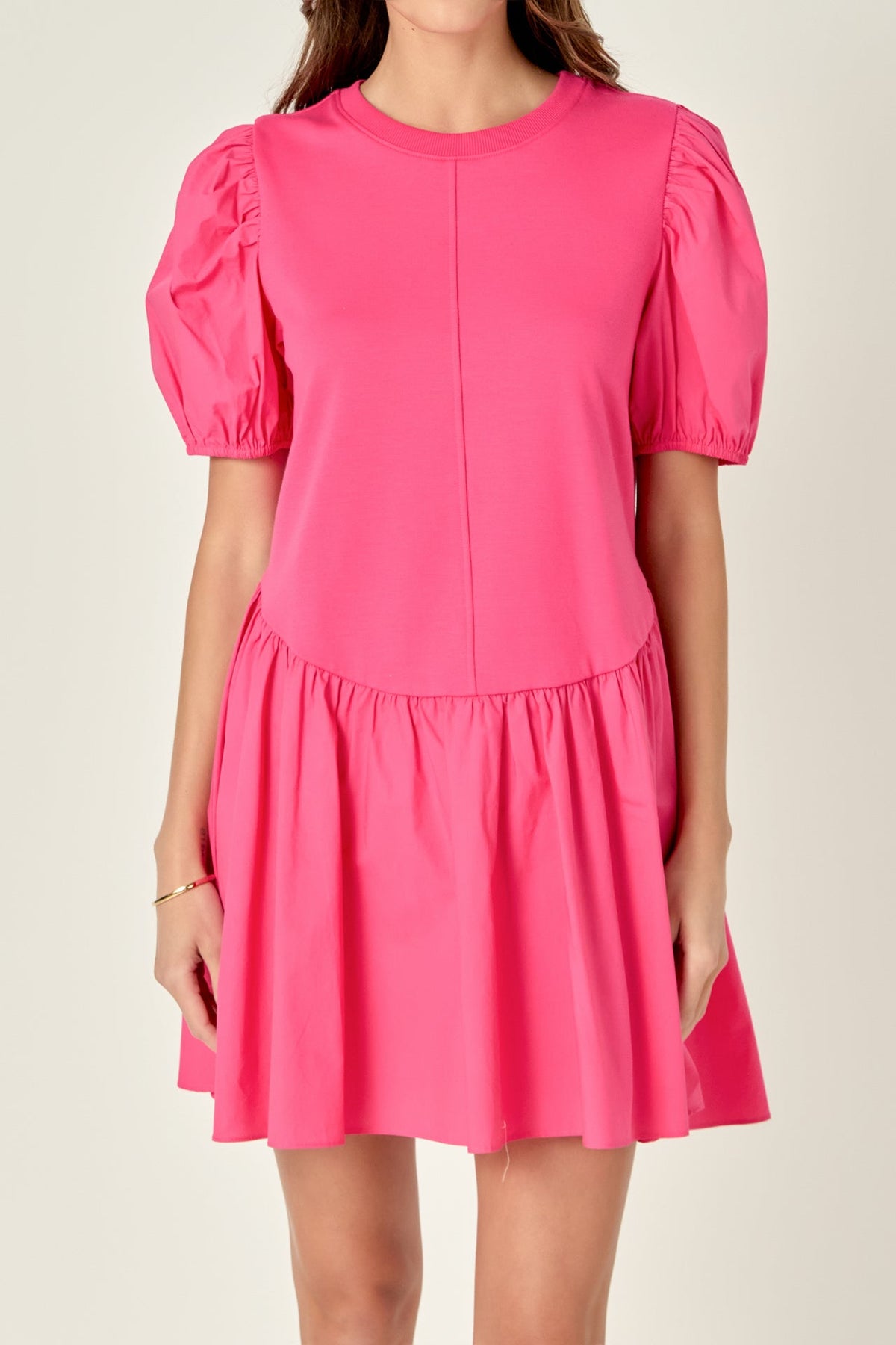 Puff Sleeve Mixed Media Mini Dress