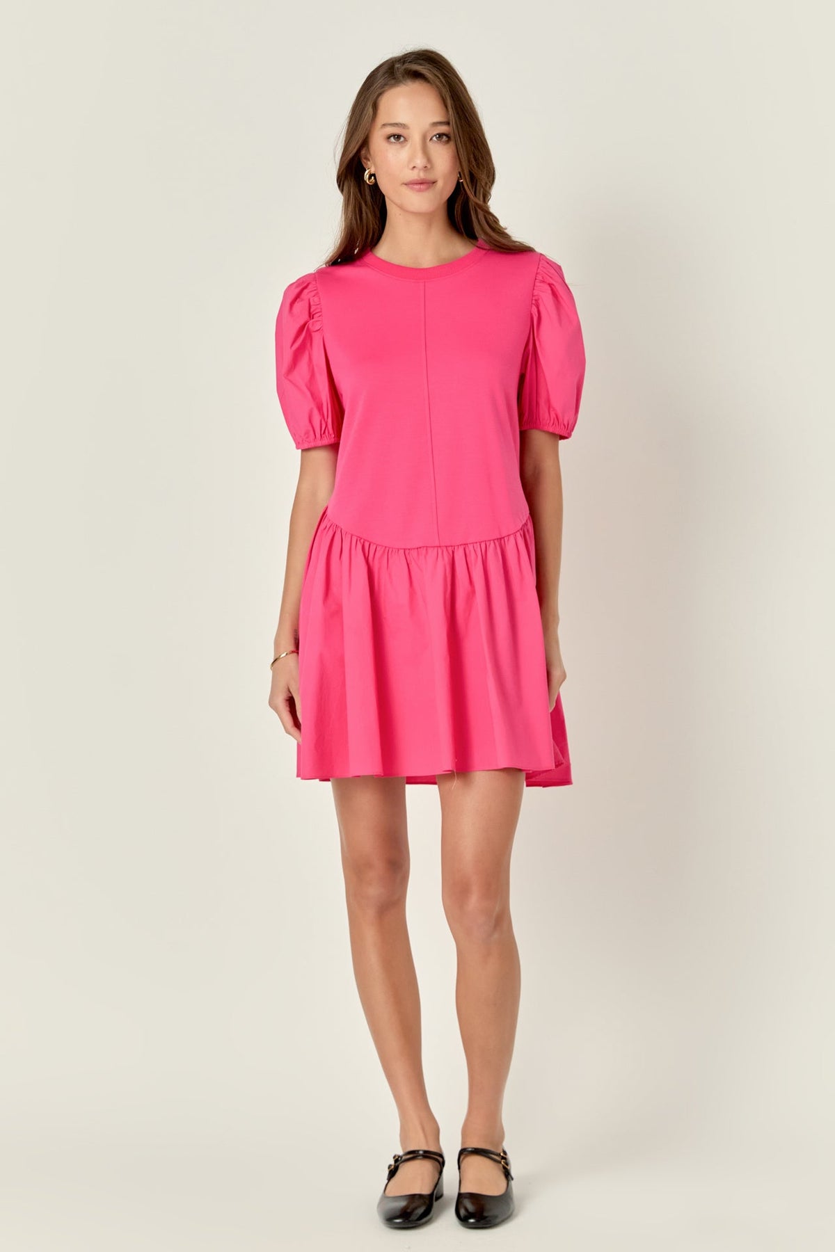Puff Sleeve Mixed Media Mini Dress