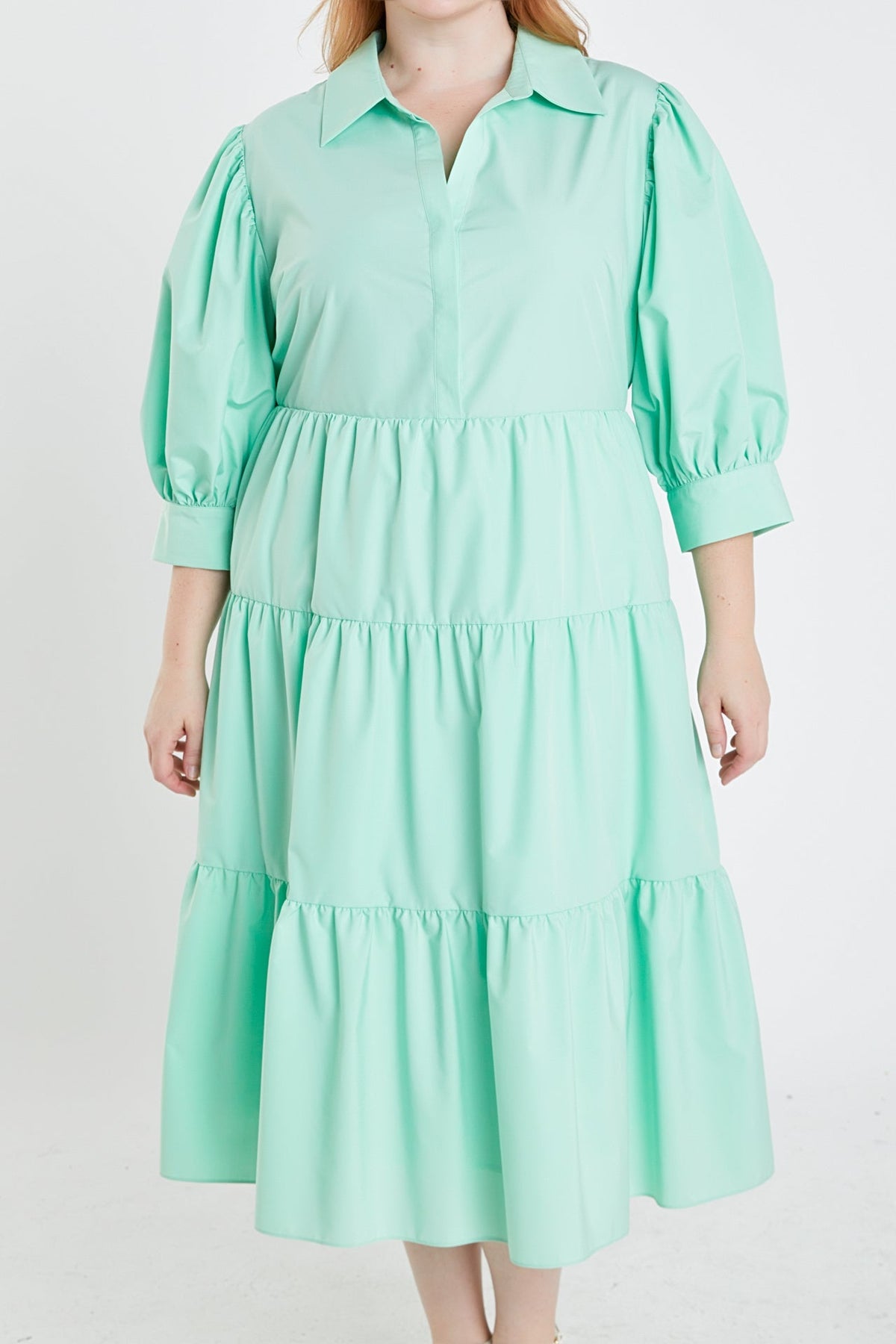 Plus Size V-neckline Puff Sleeve Midi Dress