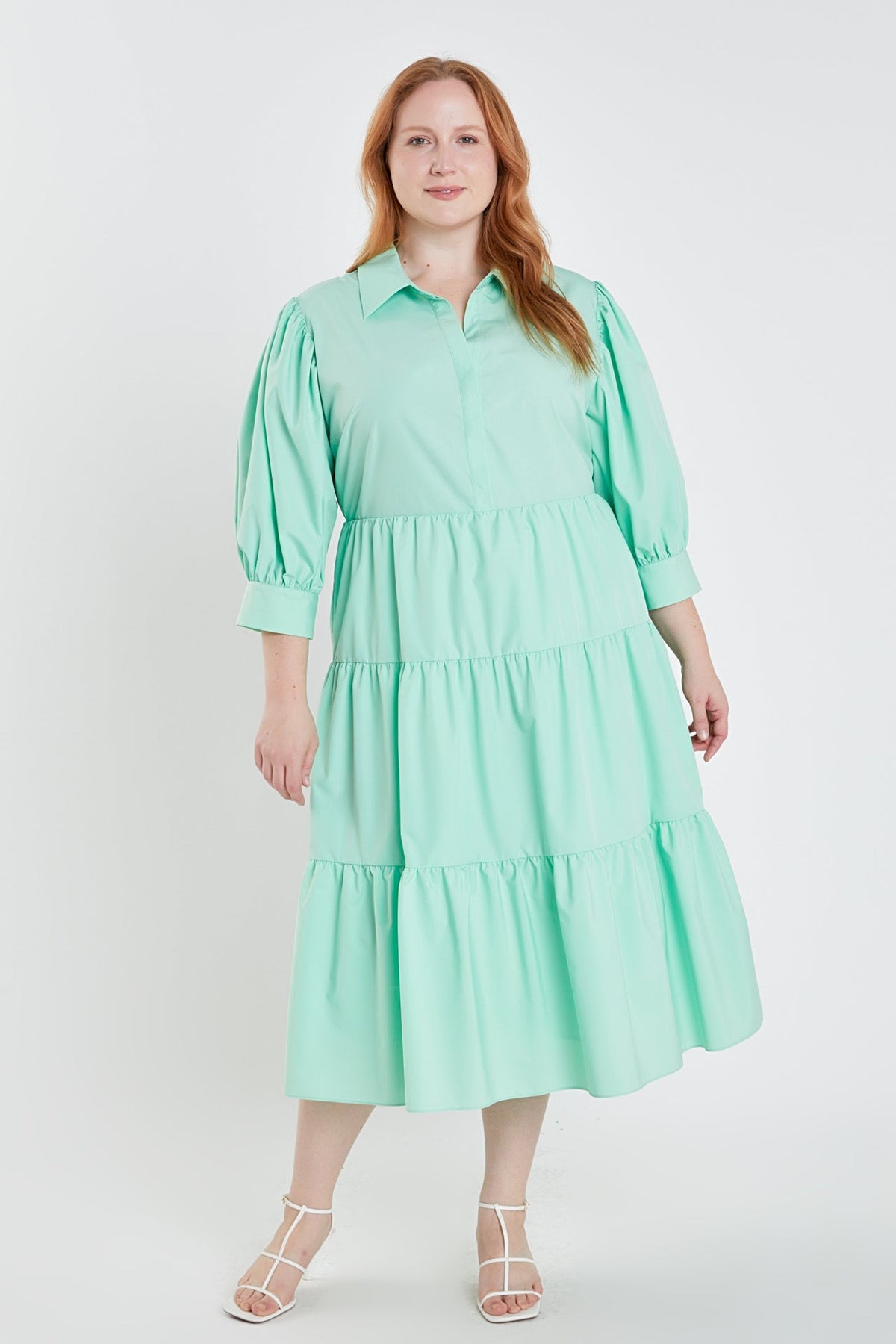 ENGLISH FACTORY - English Factory - Plus Size V-neckline Puff Sleeve Midi Dress - DRESSES available at Objectrare