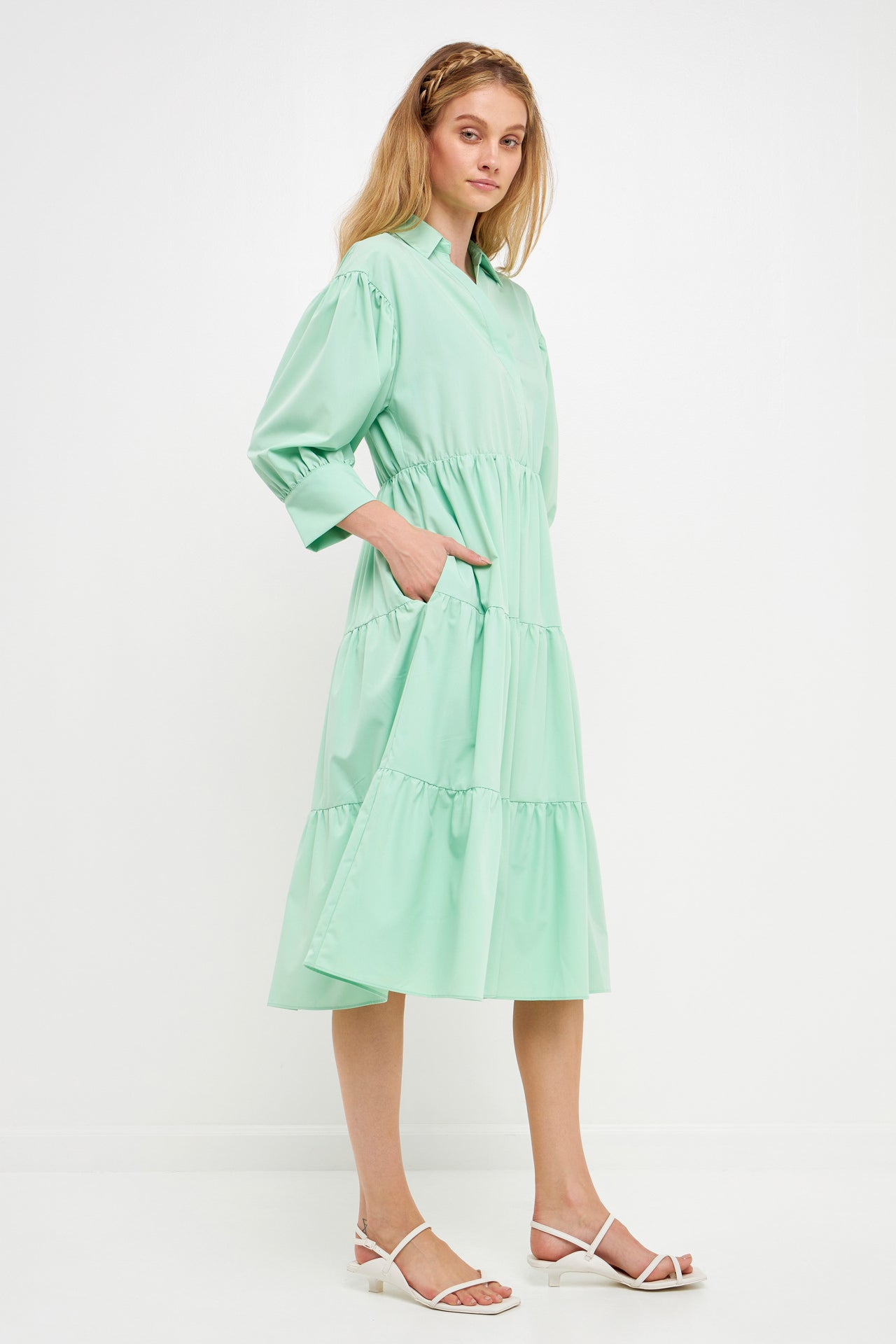 ENGLISH FACTORY - V-neckline Puff Sleeve Midi Dress - DRESSES available at Objectrare