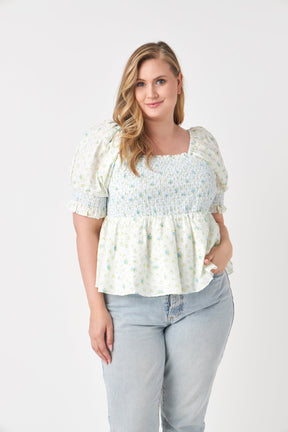 ENGLISH FACTORY - Plus Size Smocked Floral Puff Sleeve Top - TOPS available at Objectrare