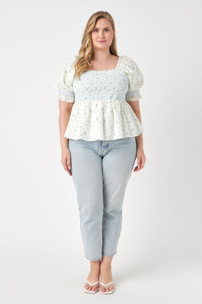 ENGLISH FACTORY - Plus Size Smocked Floral Puff Sleeve Top - TOPS available at Objectrare