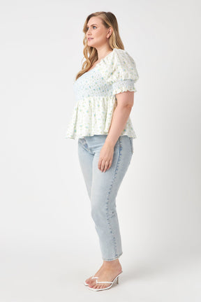 ENGLISH FACTORY - English Factory - Plus Size Smocked Floral Puff Sleeve Top - TOPS available at Objectrare