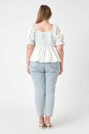ENGLISH FACTORY - Plus Size Smocked Floral Puff Sleeve Top - TOPS available at Objectrare