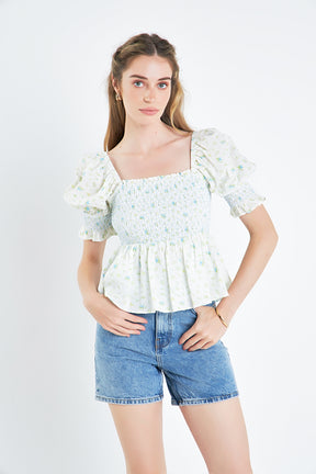 ENGLISH FACTORY - Smocked Floral Puff Sleeve Top - TOPS available at Objectrare