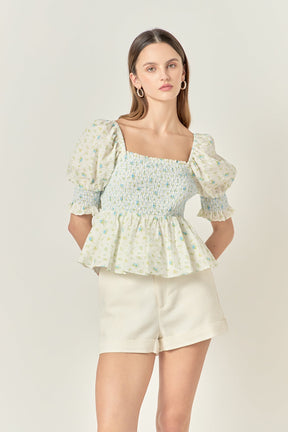 ENGLISH FACTORY - Smocked Floral Puff Sleeve Top - TOPS available at Objectrare