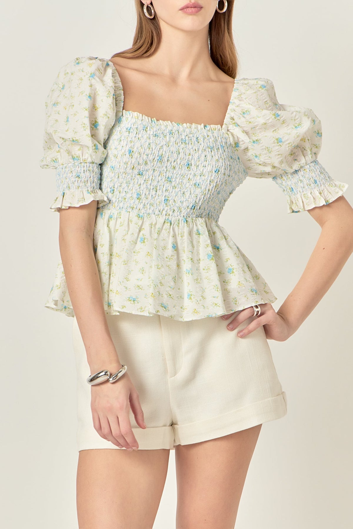 ENGLISH FACTORY - Smocked Floral Puff Sleeve Top - TOPS available at Objectrare