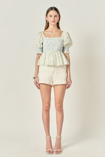 ENGLISH FACTORY - Smocked Floral Puff Sleeve Top - TOPS available at Objectrare