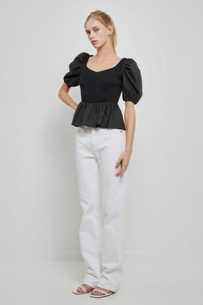 ENGLISH FACTORY - Mixed Media Puff Sleeve Top - TOPS available at Objectrare