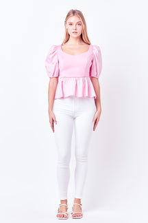 ENGLISH FACTORY - Mixed Media Puff Sleeve Top - TOPS available at Objectrare