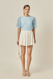 ENGLISH FACTORY - Pom Pom Mixed Media Top - TOPS available at Objectrare