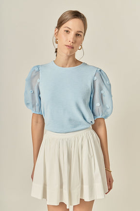 ENGLISH FACTORY - Pom Pom Mixed Media Top - TOPS available at Objectrare
