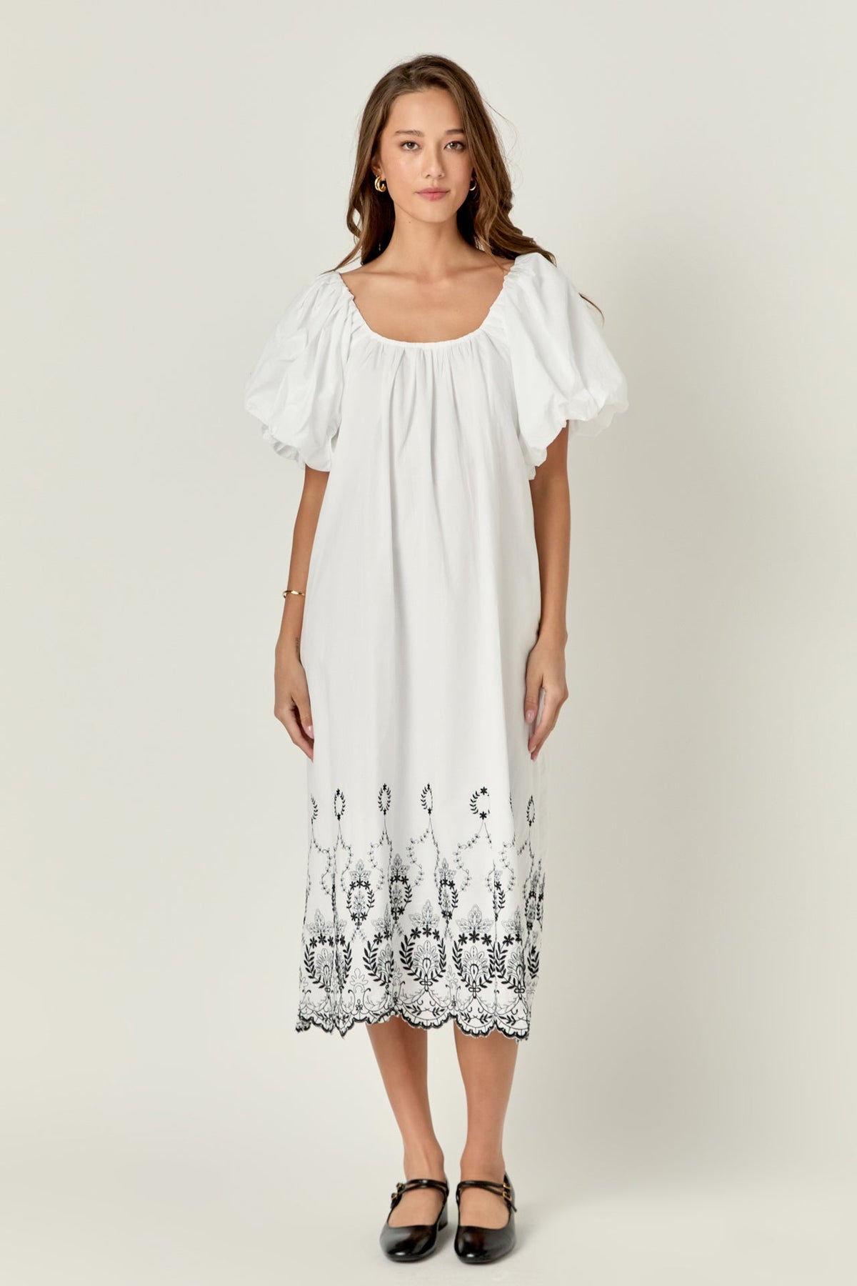 ENGLISH FACTORY - Embroidery Balloon Sleeve Midi Dress - DRESSES available at Objectrare