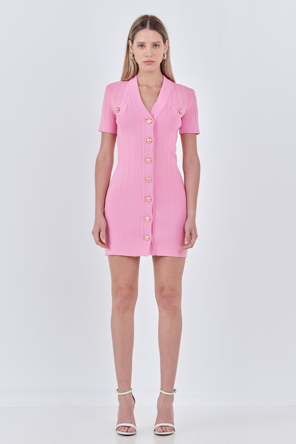 ENDLESS ROSE - Shank Button V-neckline Knit Mini Dress - DRESSES available at Objectrare