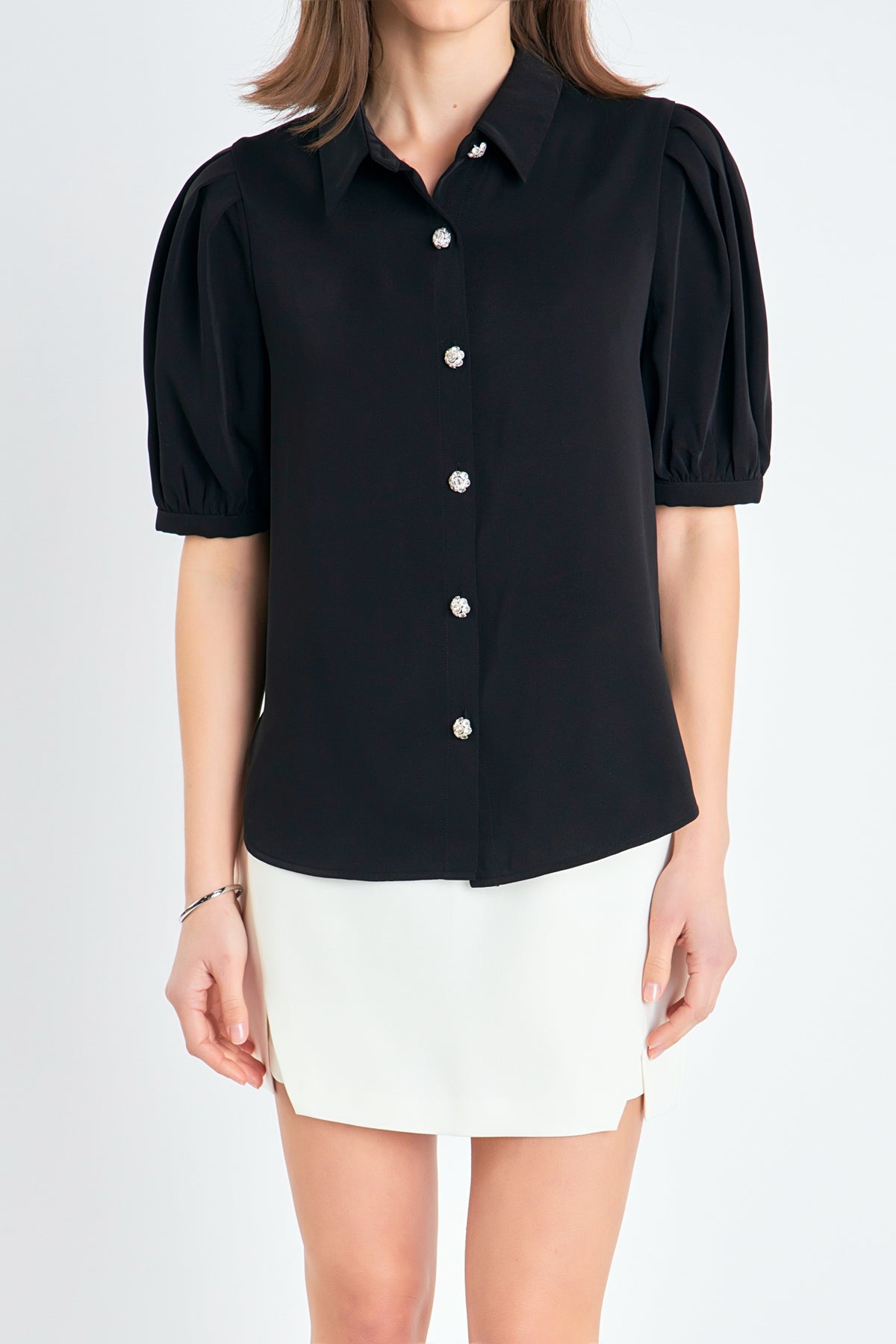 ENGLISH FACTORY - Jewel Button Puff Sleeve Top - TOPS available at Objectrare