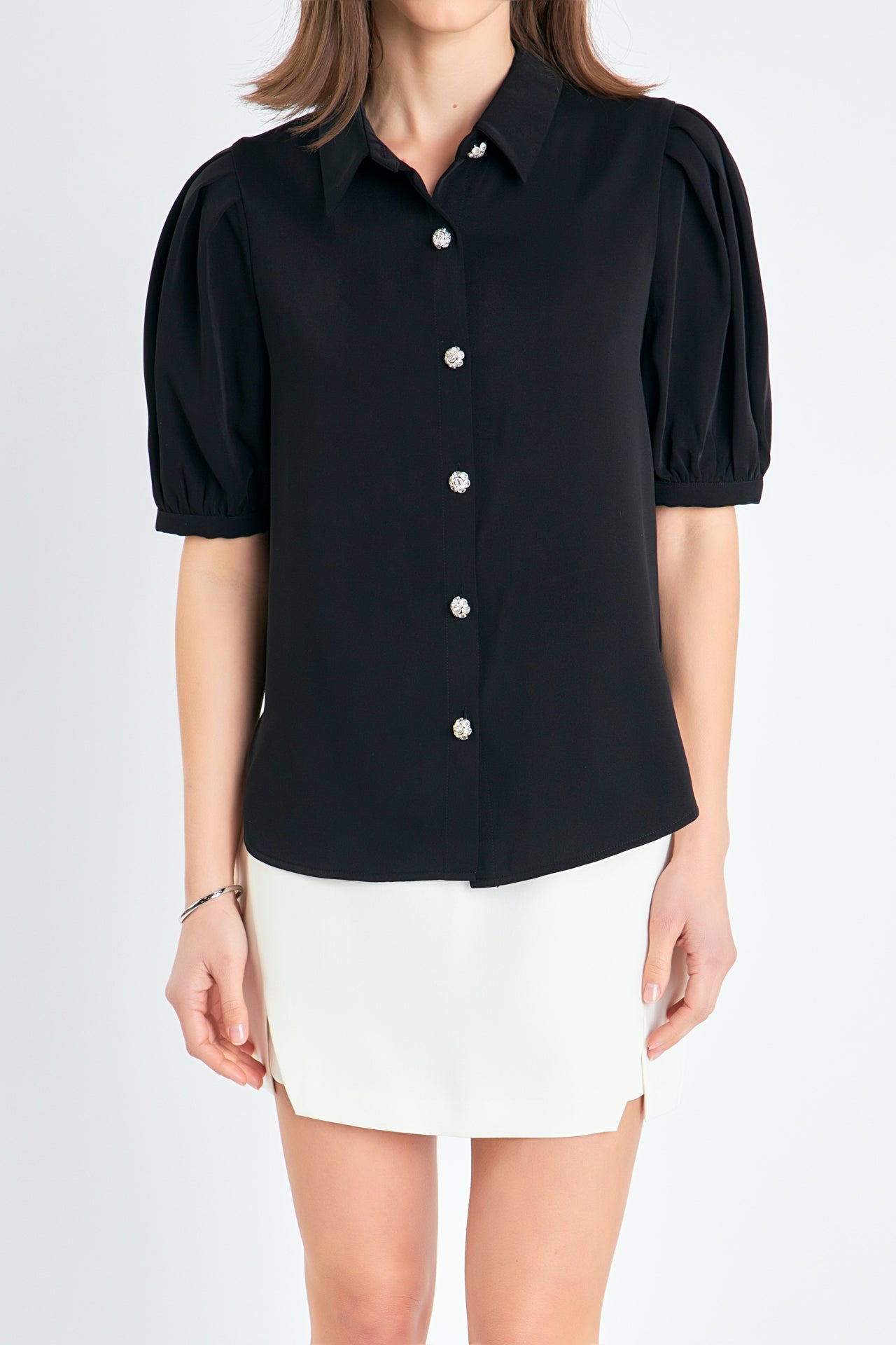 ENGLISH FACTORY - English Factory - Jewel Button Puff Sleeve Top - SHIRTS & BLOUSES available at Objectrare