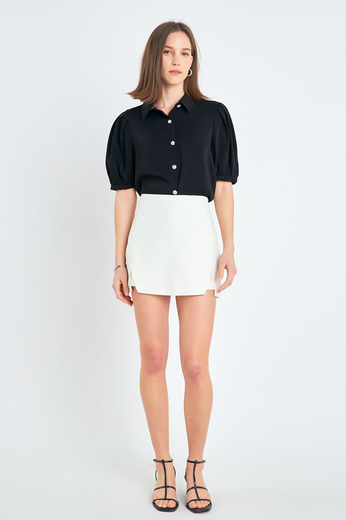 ENGLISH FACTORY - Jewel Button Puff Sleeve Top - TOPS available at Objectrare