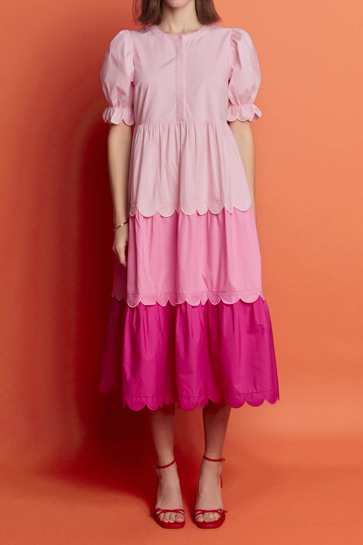 Pink Colorblock Scallop Dress