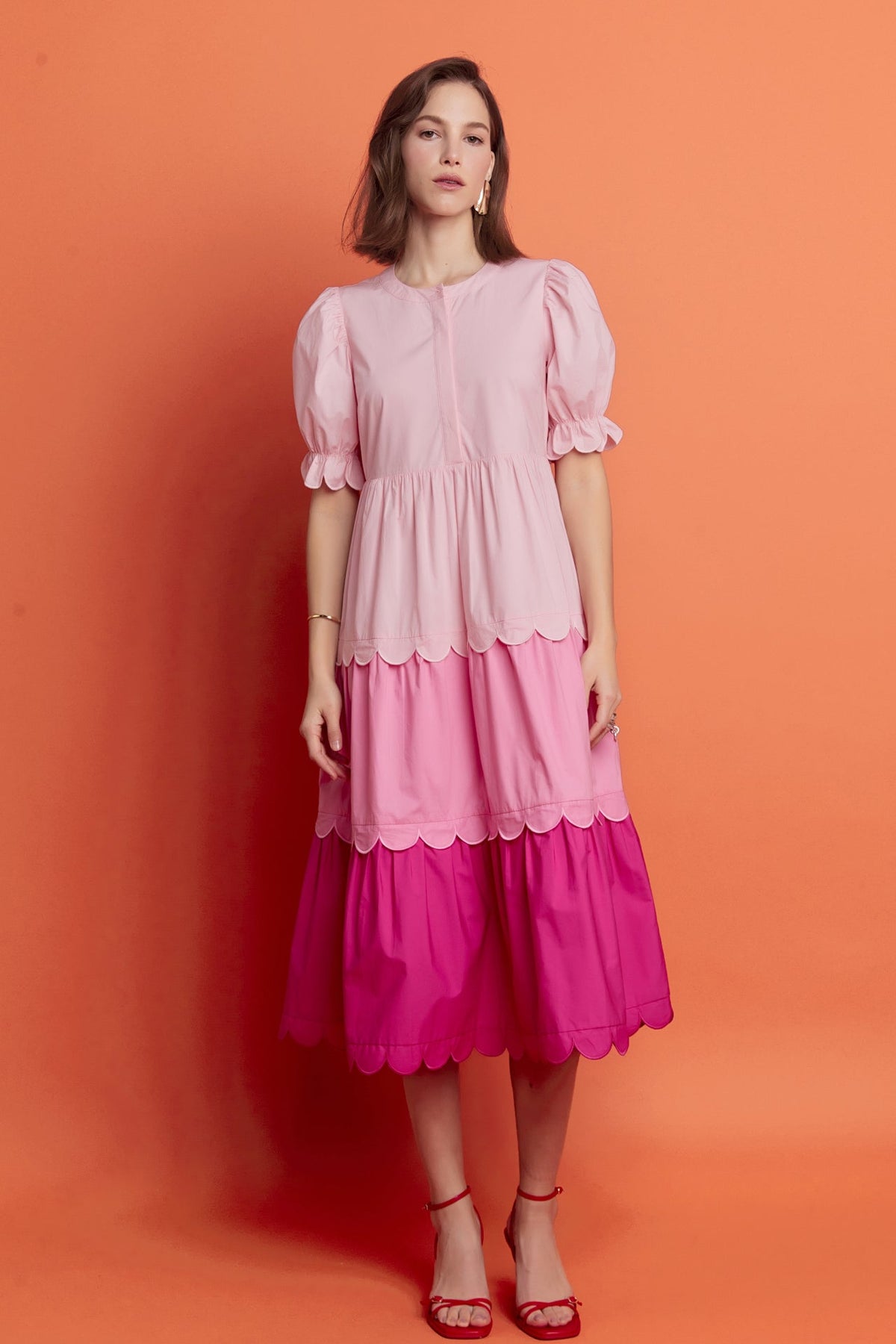 Pink Colorblock Scallop Dress