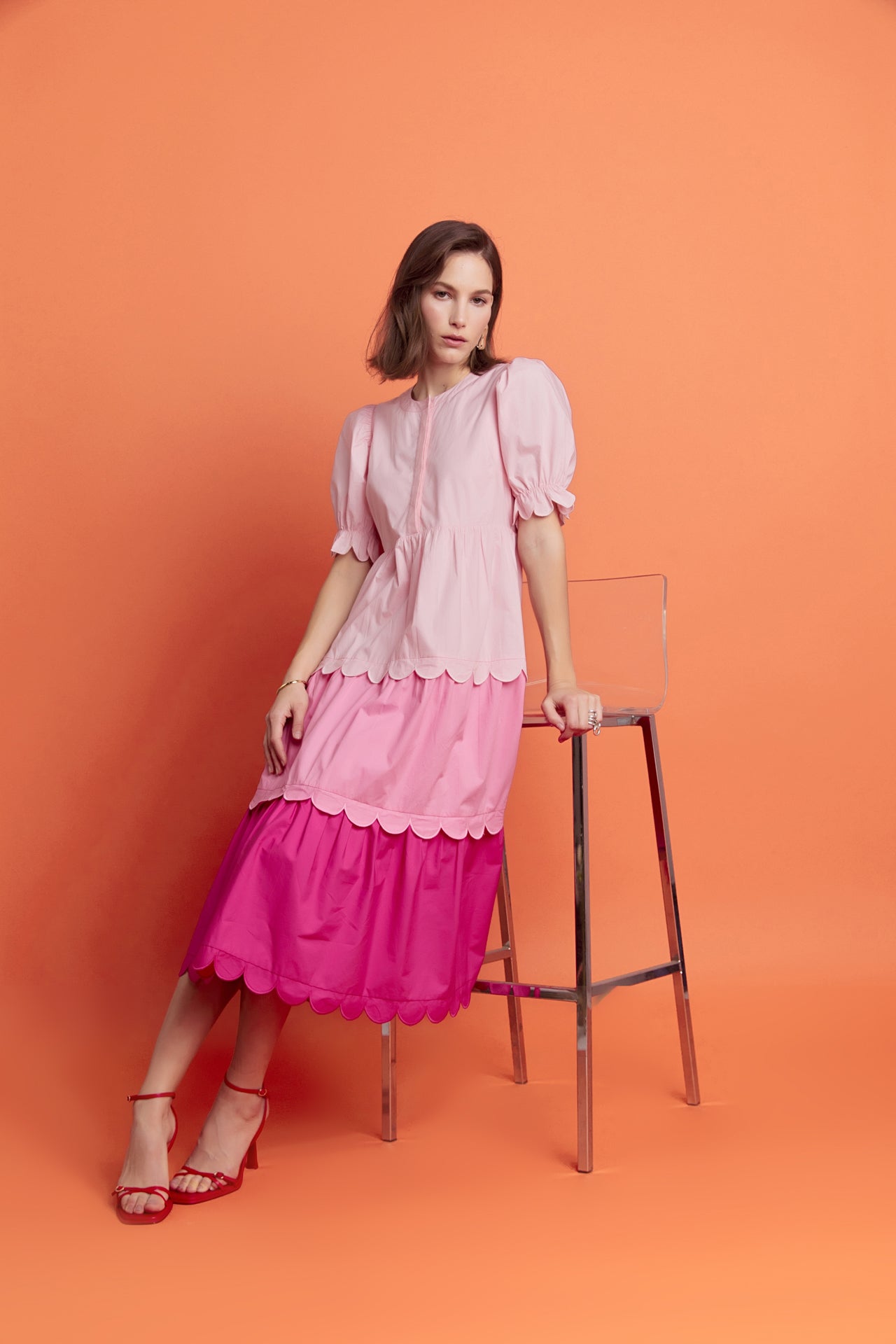 Pink Colorblock Scallop Dress