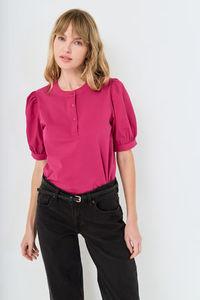 ENGLISH FACTORY - Mixed Media Puff Sleeve Top - TOPS available at Objectrare
