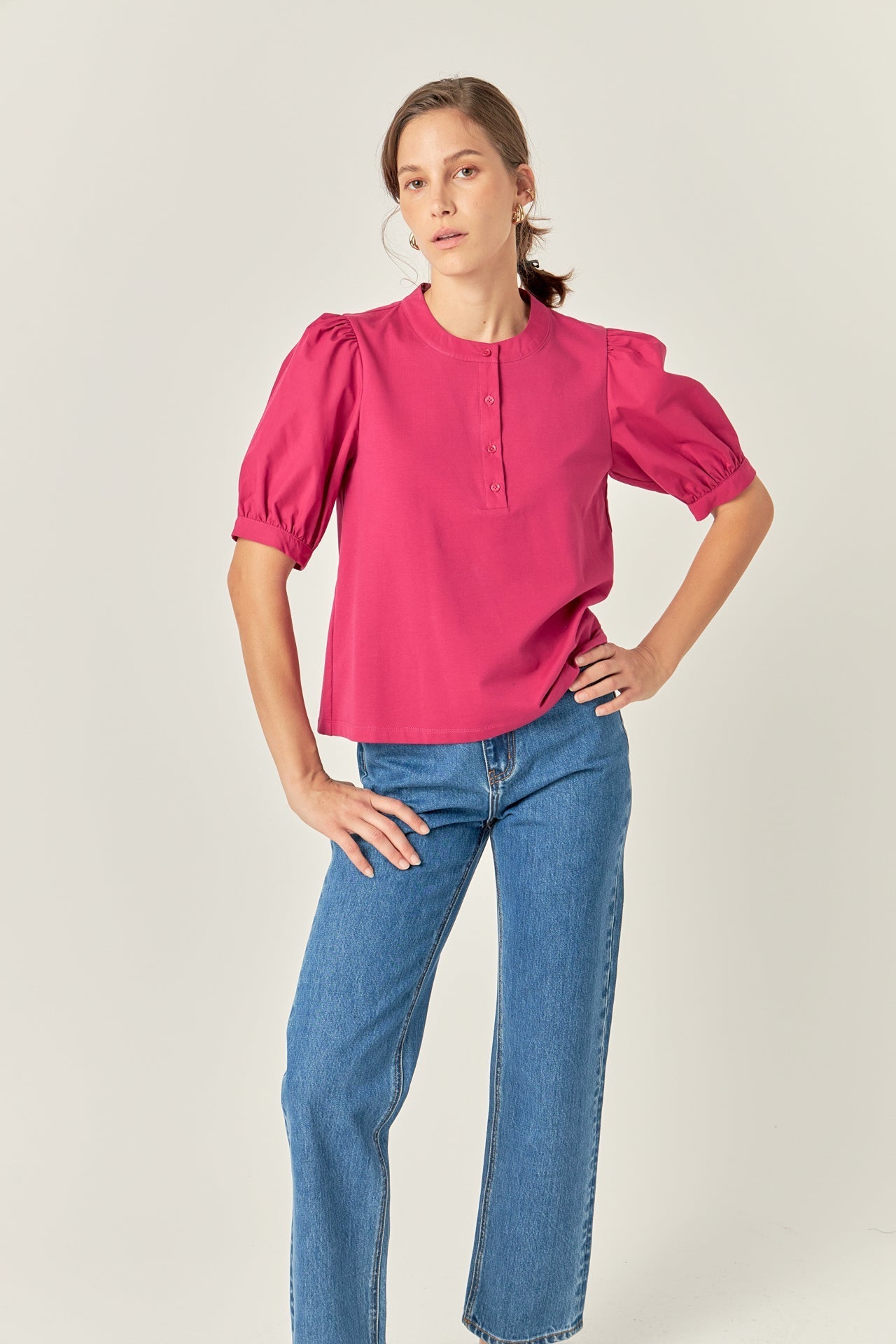 ENGLISH FACTORY - Mixed Media Puff Sleeve Top - TOPS available at Objectrare